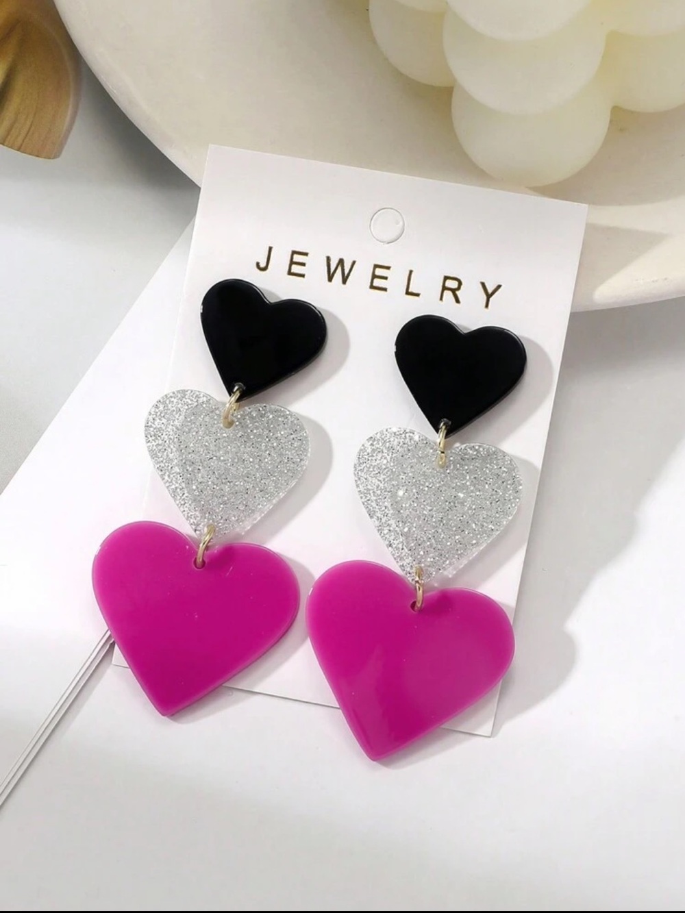 Brand Pink Black and Silver Triple Heart Drop Earrings